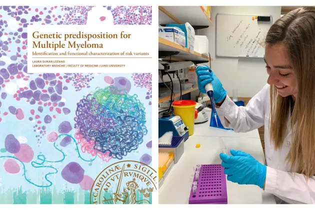 Photo of Laura Duran Lozano in the lab (right) and an image of her PhD thesis (left).