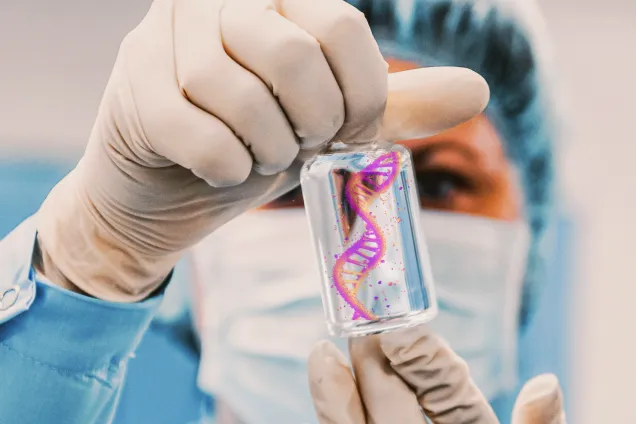 A doctor holding a vial with a colorful strand of DNA floating inside
